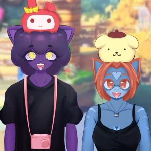 lao and jasper meeting irl for the first time at universal, with hello kitty plushes on our heads, drawn by jazprio
